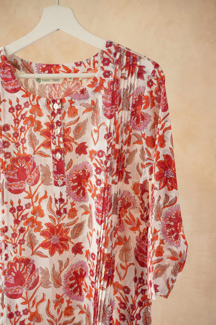 Red & Orange Floral Hand Block Print Pintuck Kurta - Tara - C - Tara