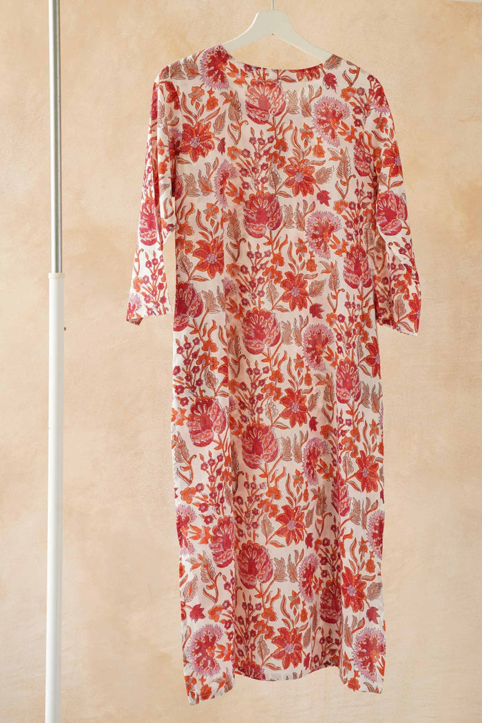 Red & Orange Floral Hand Block Print Pintuck Kurta - Tara - C - Tara