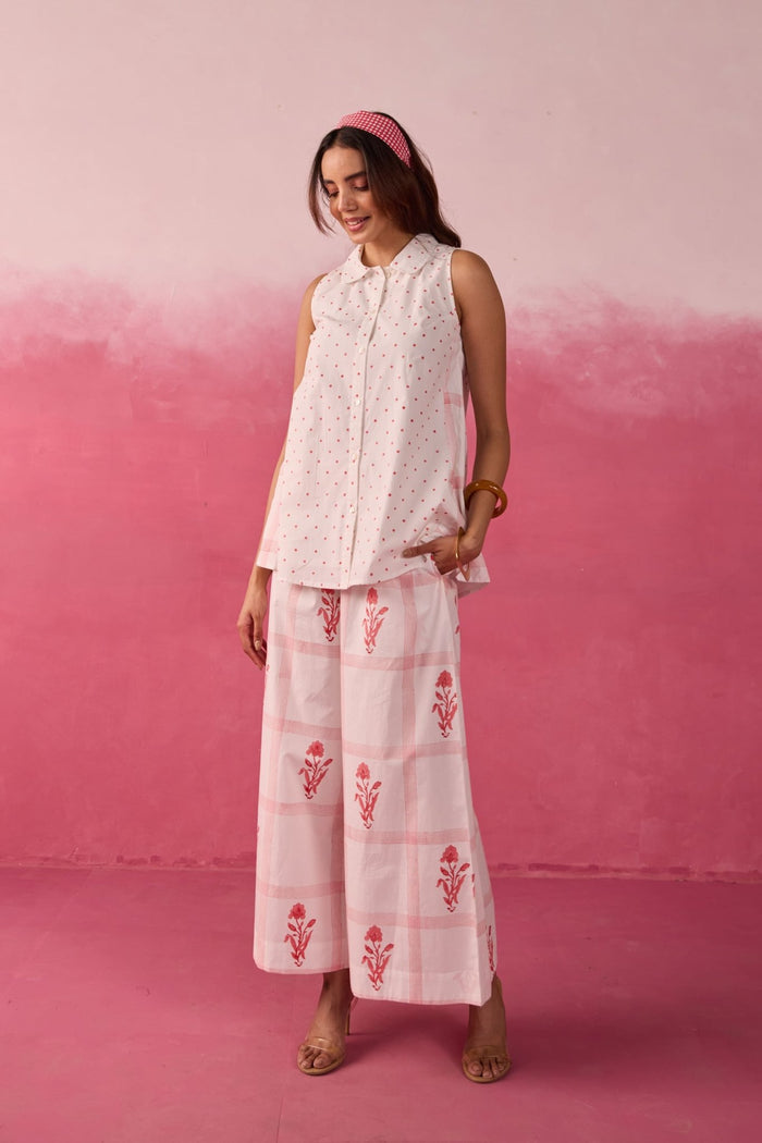 Red Polka Dot & Floral Check Sleeveless Hand Block Printed Co-ord Set - Tara-C-Tara
