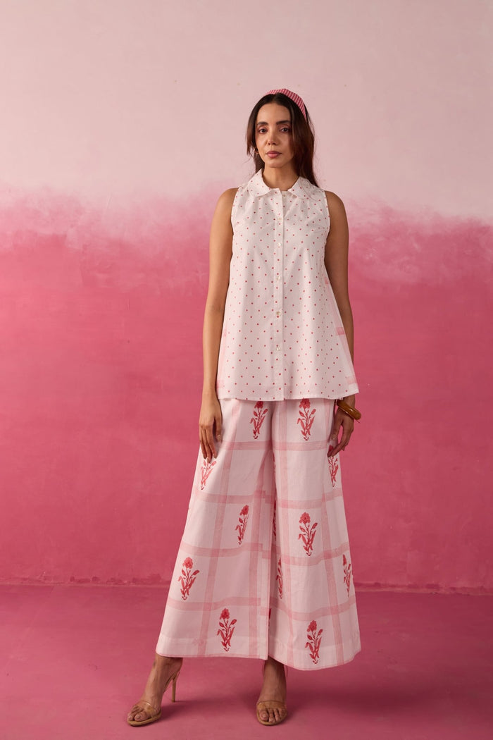 Red Polka Dot & Floral Check Sleeveless Hand Block Printed Co-ord Set - Tara-C-Tara