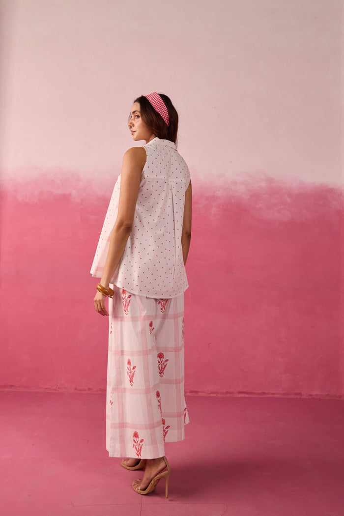 Red Polka Dot & Floral Check Sleeveless Hand Block Printed Co-ord Set - Tara-C-Tara