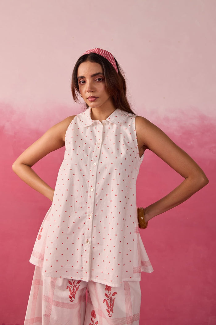 Red Polka Dot & Floral Check Sleeveless Hand Block Printed Co-ord Set - Tara-C-Tara