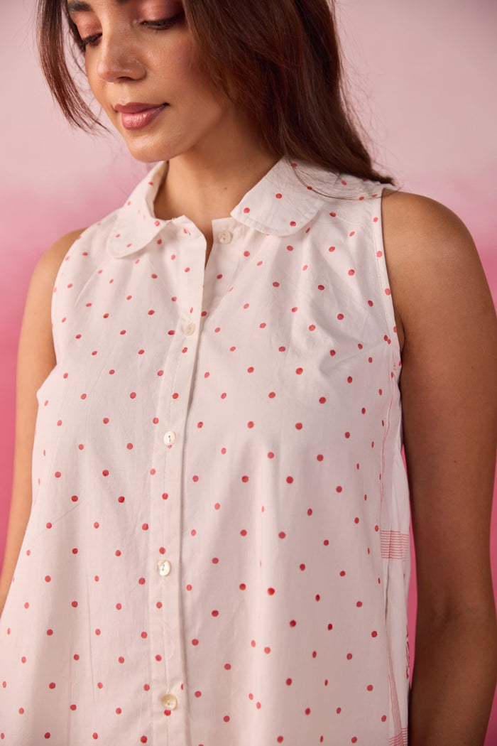 Red Polka Dot & Floral Check Sleeveless Hand Block Printed Co-ord Set - Tara-C-Tara