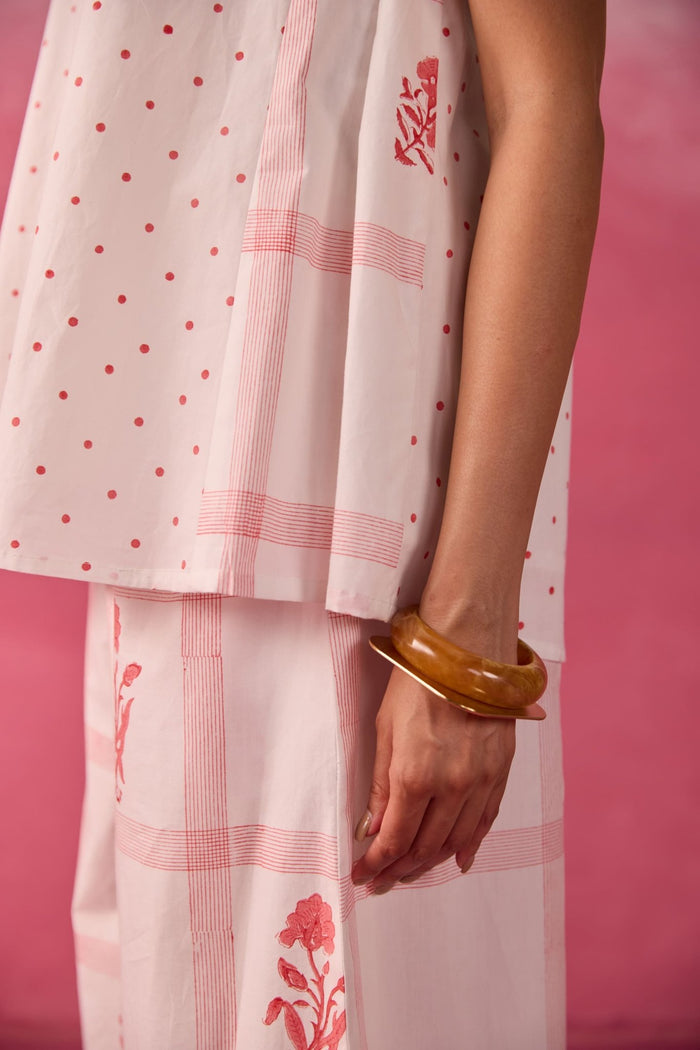 Red Polka Dot & Floral Check Sleeveless Hand Block Printed Co-ord Set - Tara-C-Tara