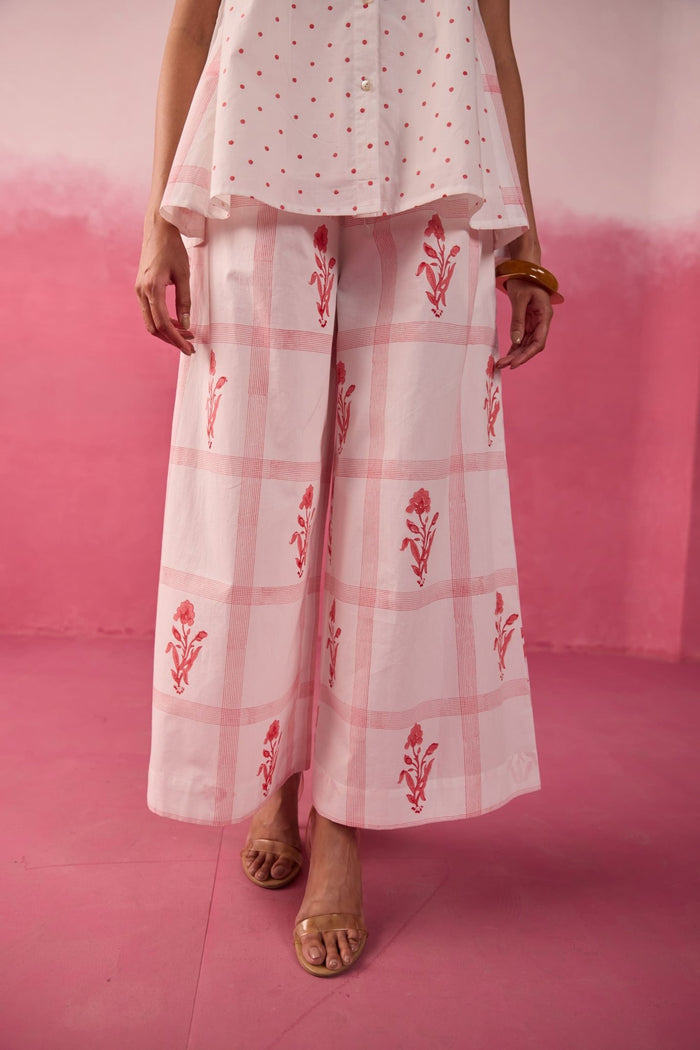 Red Polka Dot & Floral Check Sleeveless Hand Block Printed Co-ord Set - Tara-C-Tara