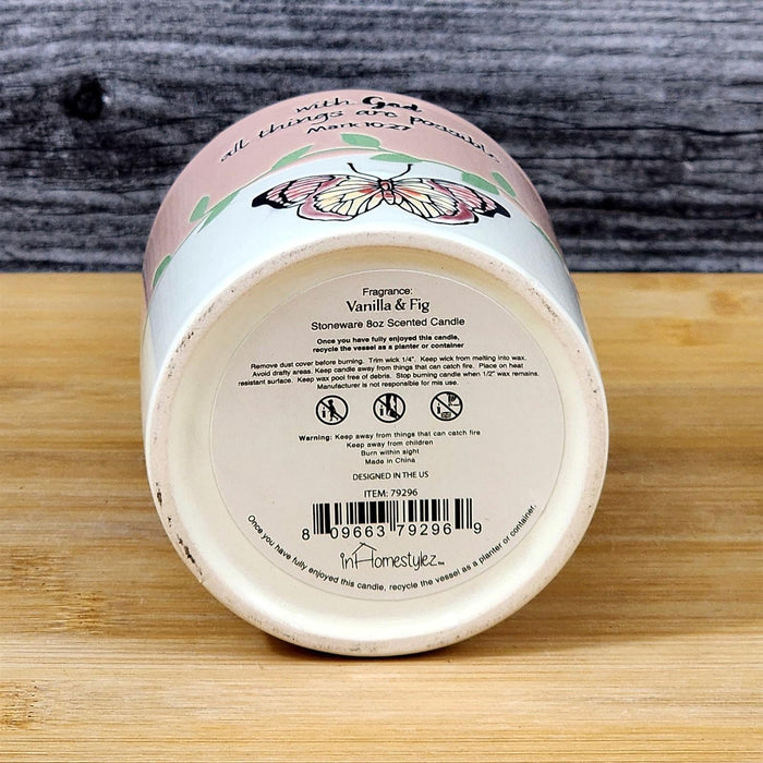Religious Mark 10:27 Stoneware Candle Vanilla Fig Scent Essential Oils Blue Sky