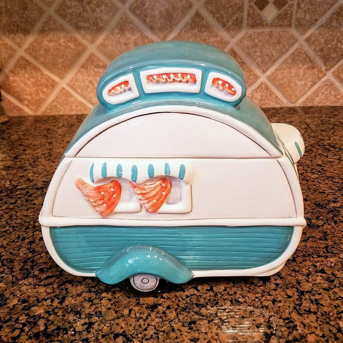 Retro Camper Cookie Jar Turquoise Ceramic Blue Sky Goldminc Kitchen Decor