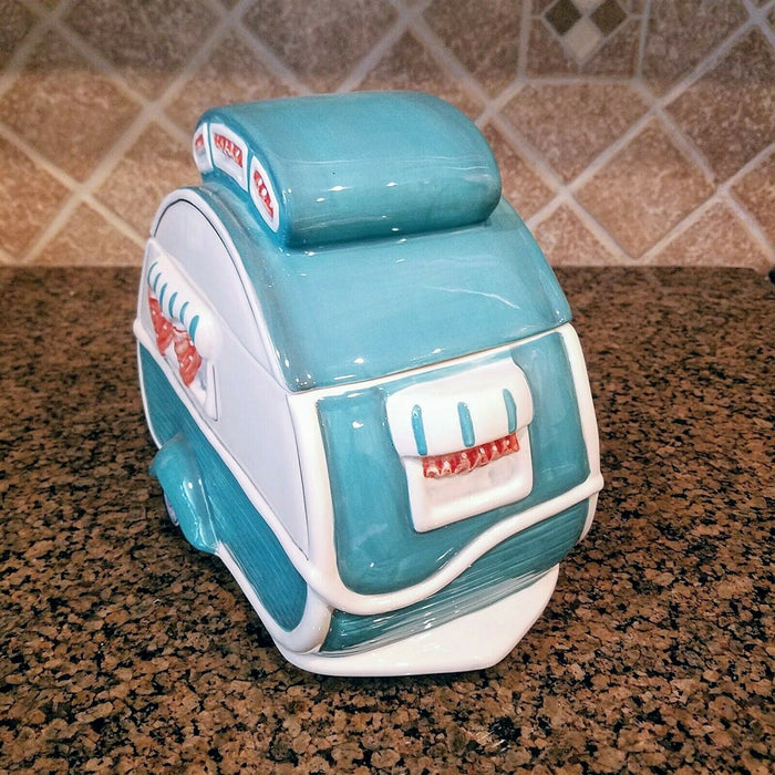 Retro Camper Cookie Jar Turquoise Ceramic Blue Sky Goldminc Kitchen Decor