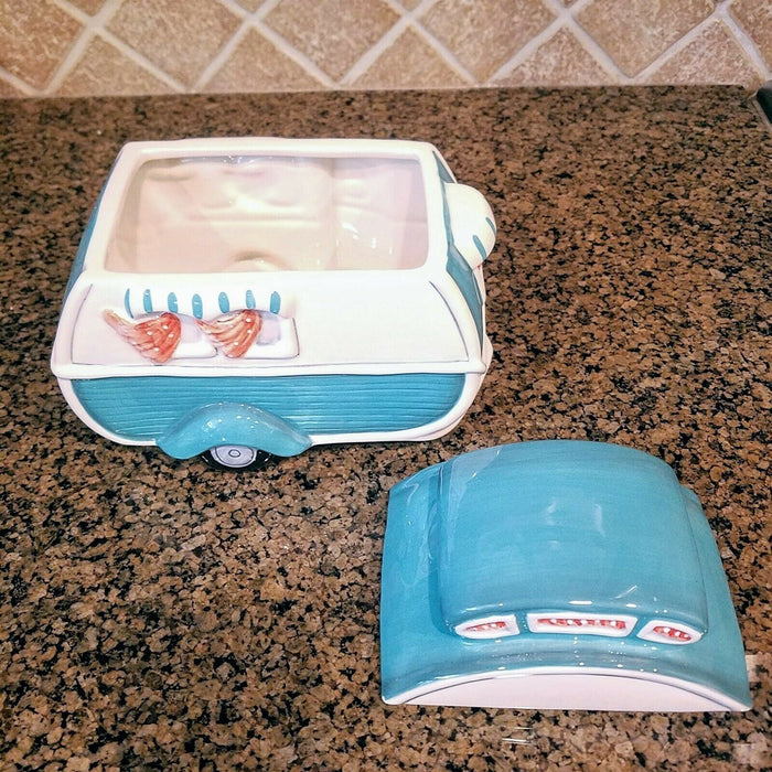 Retro Camper Cookie Jar Turquoise Ceramic Blue Sky Goldminc Kitchen Decor