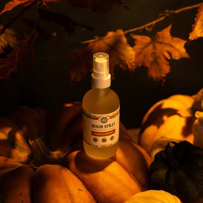 Rustic Strength, 4oz, Glass with spray top, Pumpkin Harvest setting on a pumpkin with a dark fall leaves motif