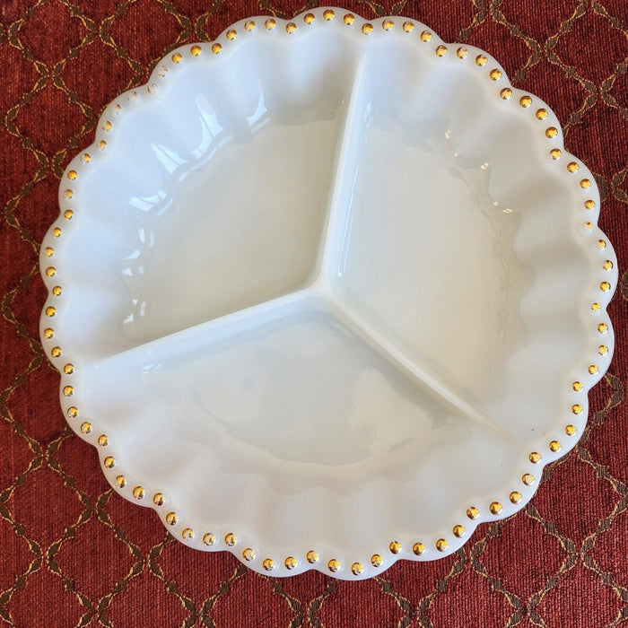Round Milk Glass Divided Serving Dish Gold Trim Scalloped Edge Design