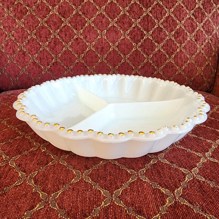 Round Milk Glass Divided Serving Dish Gold Trim Scalloped Edge Design