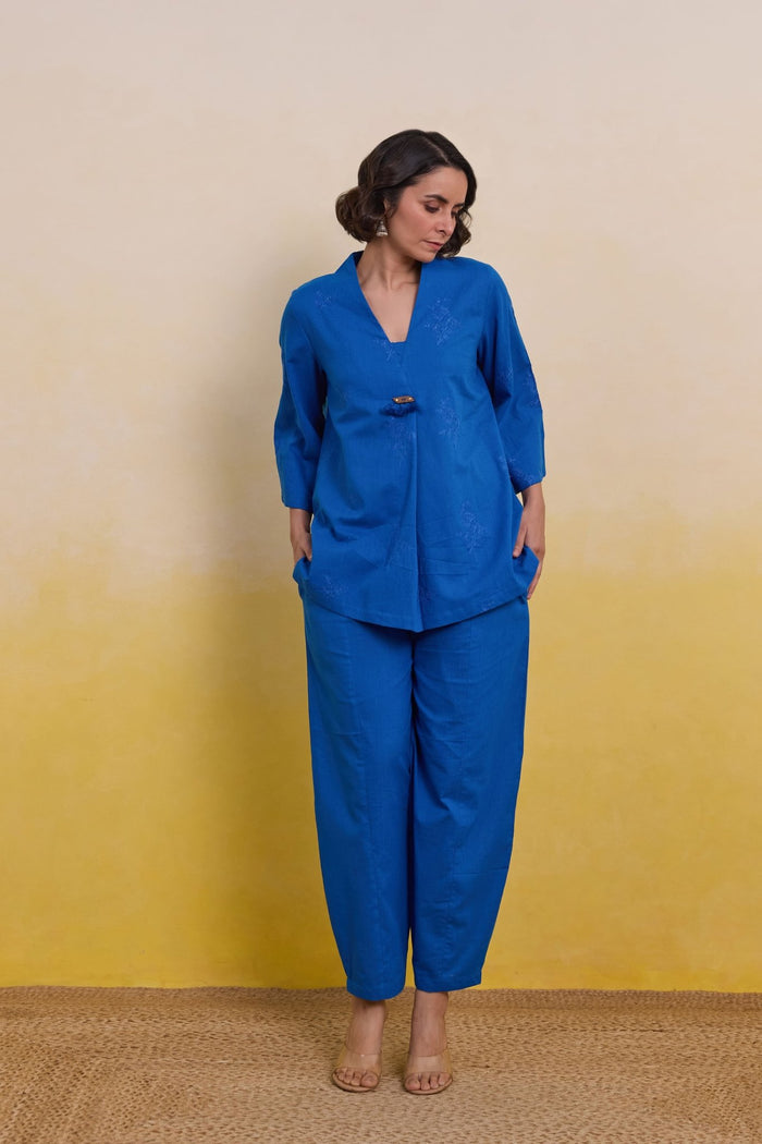 Royal Blue Embroidered Tunic Co - ord Set - Tara - C - Tara