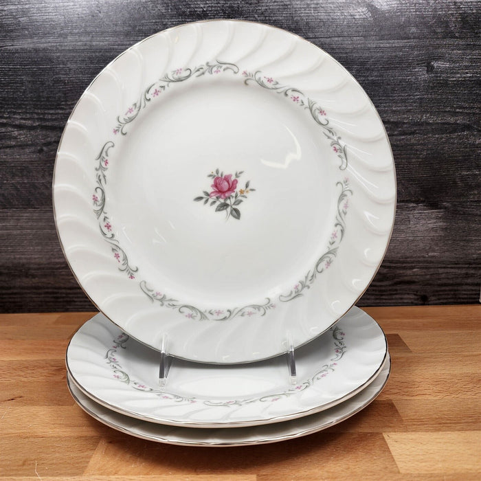 Royal Swirl Dinner Plate 10'' Set of 3 Fine China Japan Pink Rose Flower Ceramic