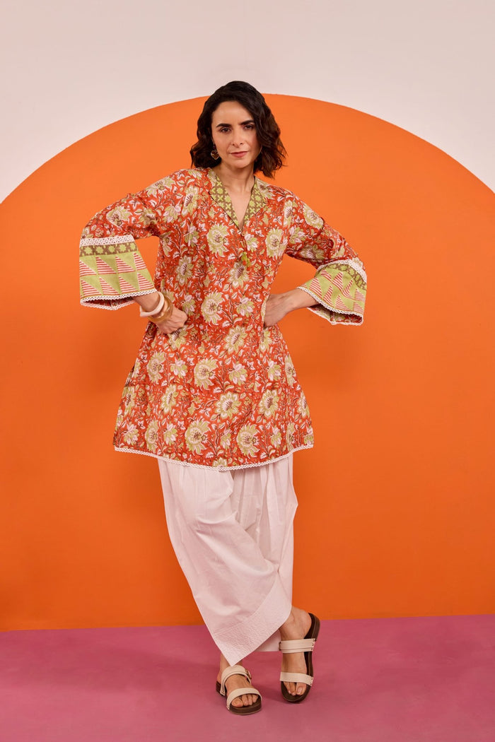 Rust Orange Floral Hand Block Printed Co-ord Set - Tara-C-Tara