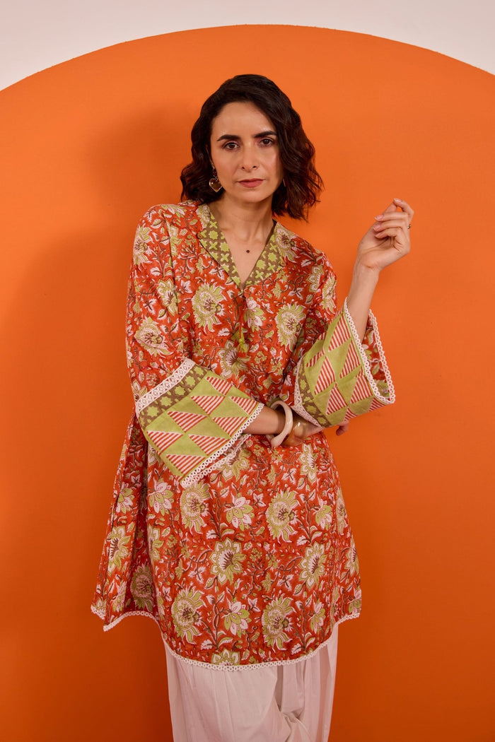 Rust Orange Floral Hand Block Printed Co-ord Set - Tara-C-Tara
