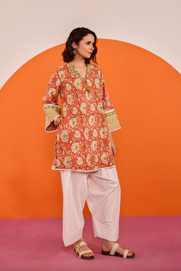 Rust Orange Floral Hand Block Printed Co-ord Set - Tara-C-Tara
