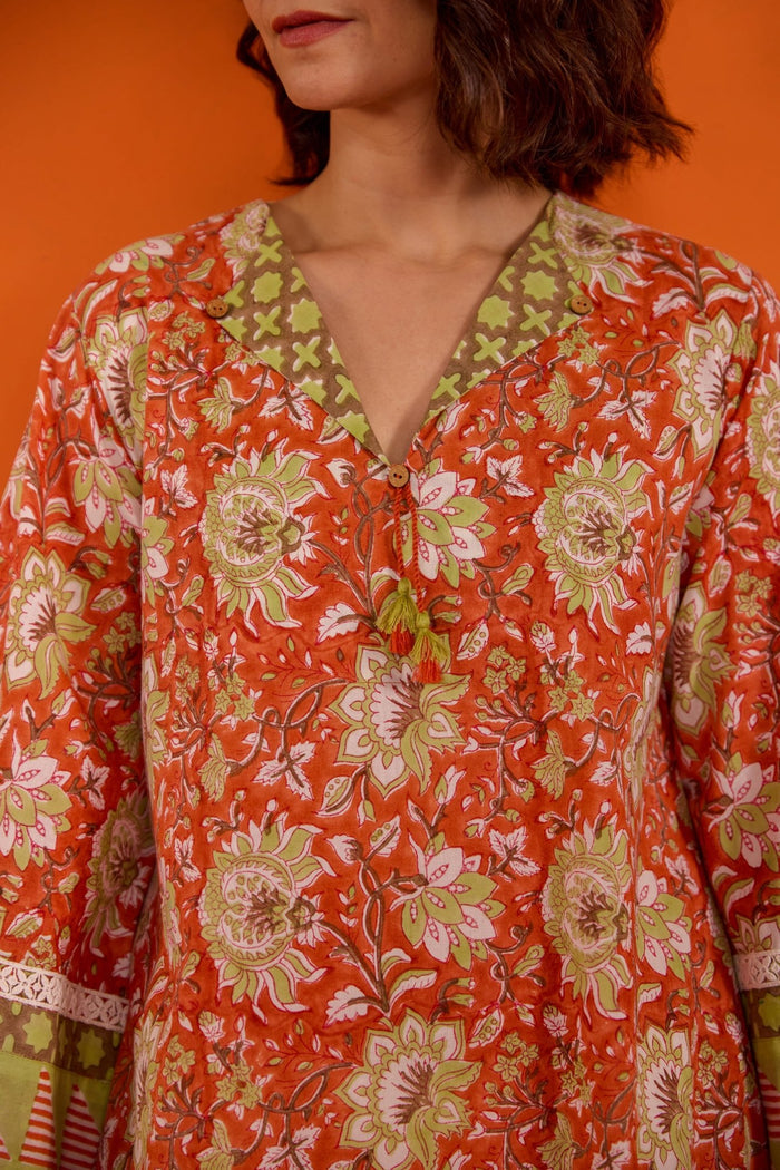 Rust Orange Floral Hand Block Printed Co-ord Set - Tara-C-Tara