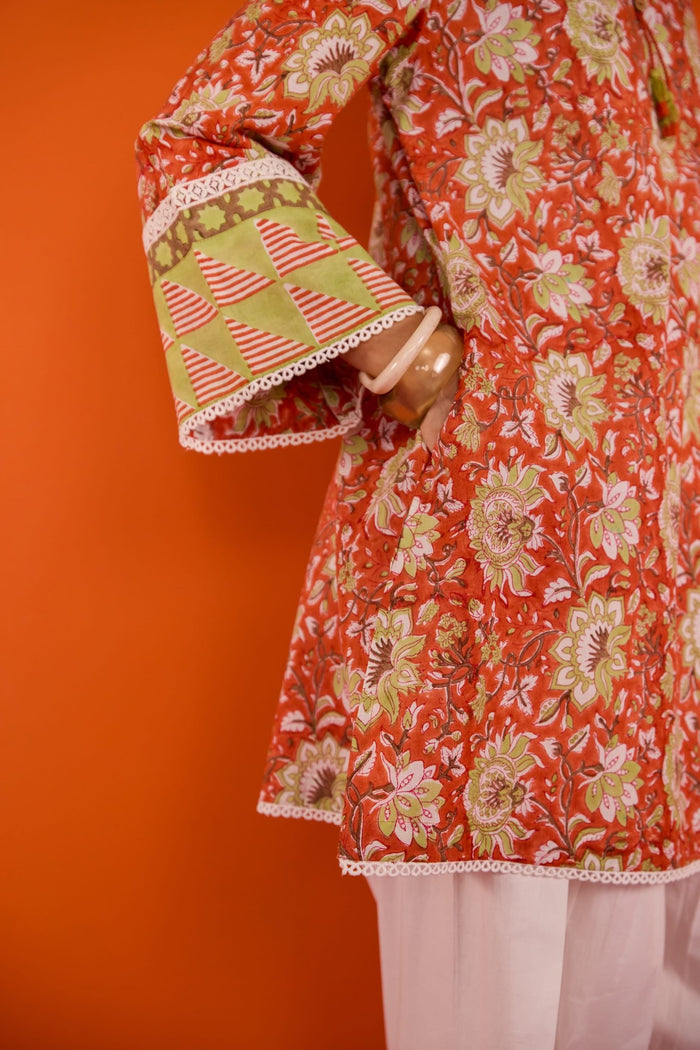 Rust Orange Floral Hand Block Printed Co-ord Set - Tara-C-Tara