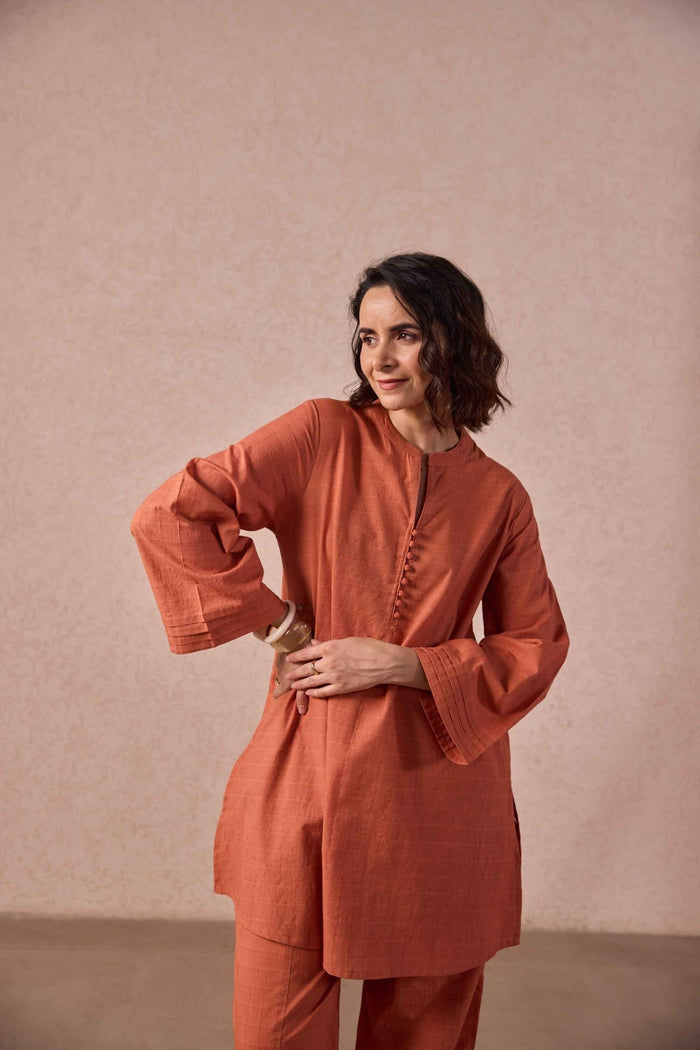 Rust Solid Checks Cotton Coord Set - Tara - C - Tara