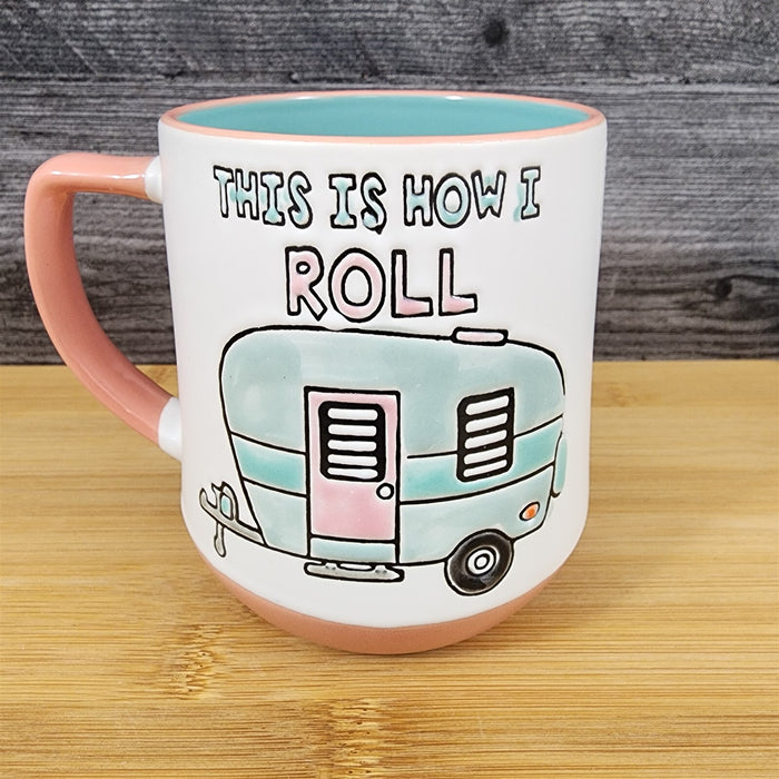RV Camper Travel Trailer Coffee Mug by Blue Sky 18 oz Ceramic Embossed Tea Cup