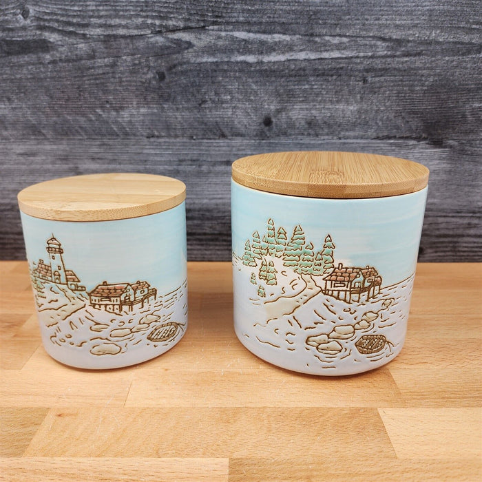 Sail Boat Coastal Canister Embossed Set by Blue Sky 4" & 5" Ceramic Home Jars