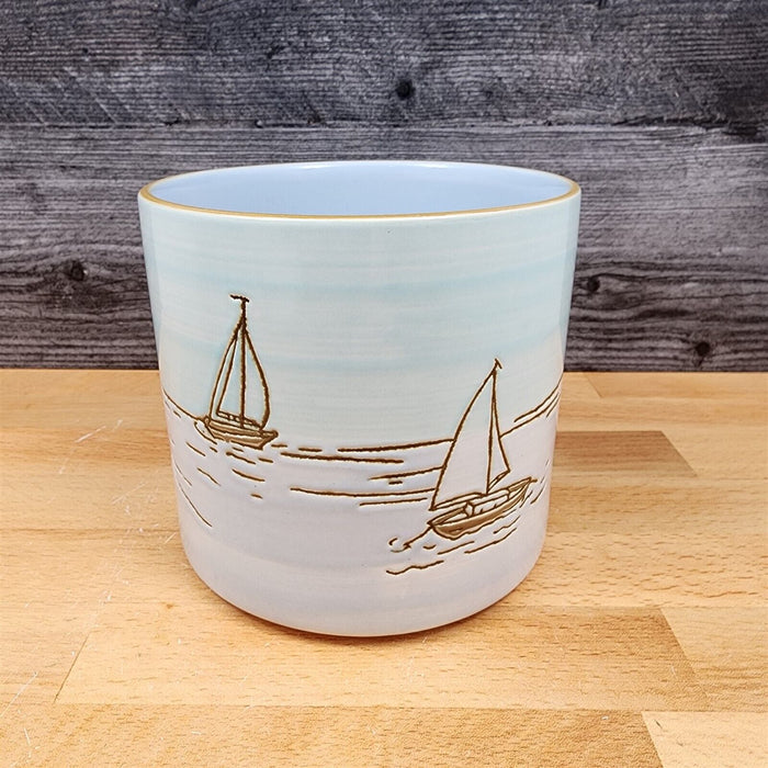 Sail Boat Coastal Canister Embossed Set by Blue Sky 4" & 5" Ceramic Home Jars