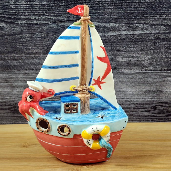 Sailboat Tealight Candle Holder Whimsical Nautical Ceramic Coastal Blue Sky