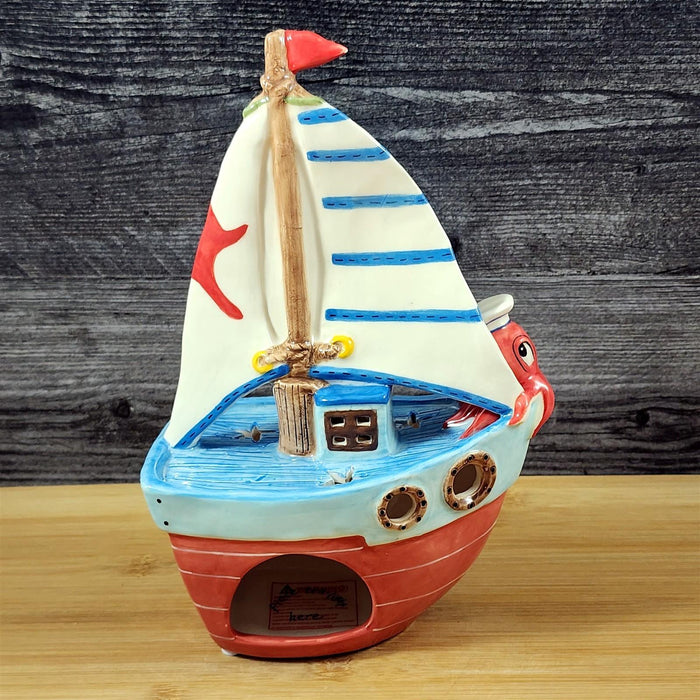 Sailboat Tealight Candle Holder Whimsical Nautical Ceramic Coastal Blue Sky