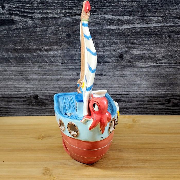 Sailboat Tealight Candle Holder Whimsical Nautical Ceramic Coastal Blue Sky