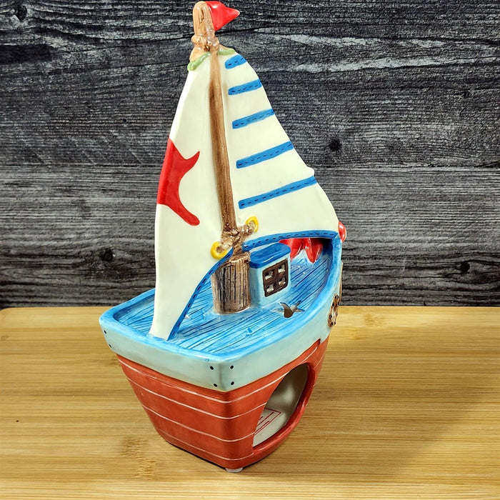 Sailboat Tealight Candle Holder Whimsical Nautical Ceramic Coastal Blue Sky