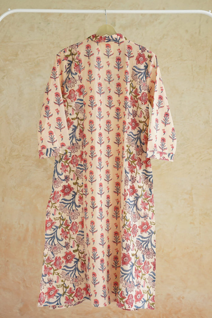 Ivory Peach Floral Booti & Jaal Hand Block Printed Cotton Kurta - Tara-C-Tara