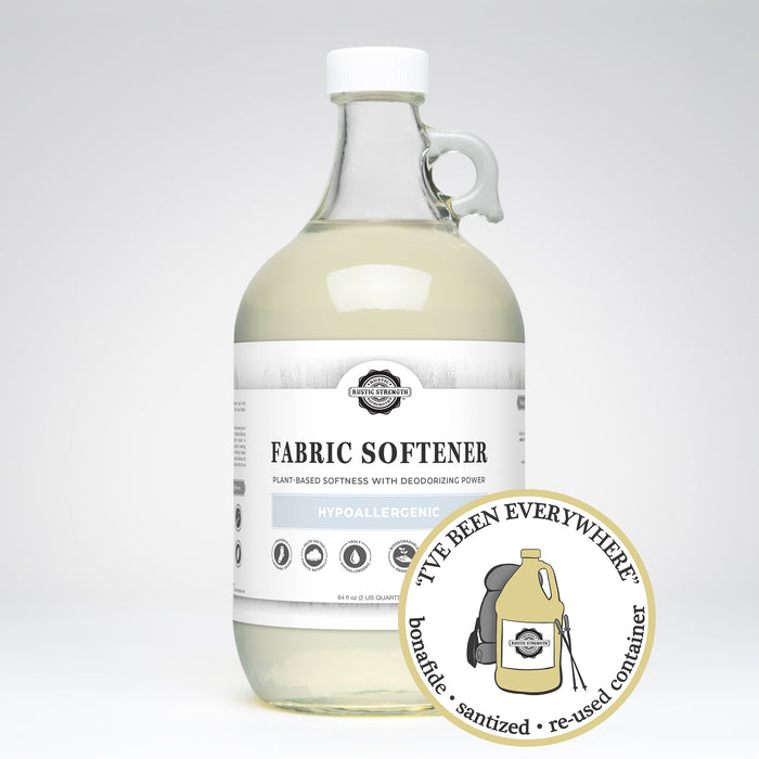 Rustic Strength, Fabric Softener, 64oz Glass, Hypoallergenic with image "I've been everywhere - Bonafide, Sanitized, Re-used Container"