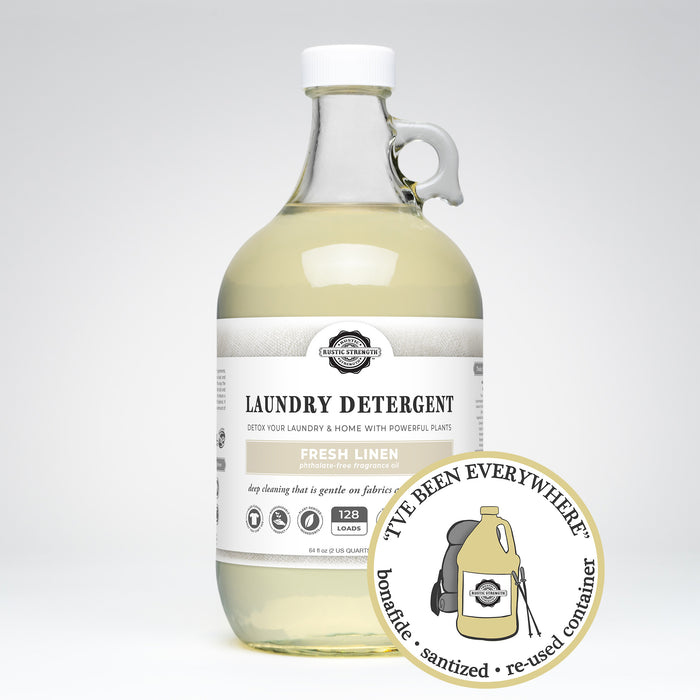 Rustic Strength, Laundry Detergent, 64oz Glass, Fresh Linen with image "I've been everywhere - Bonafide, Sanitized, Re-used Container"