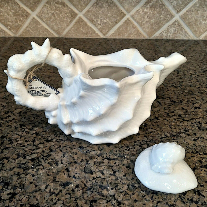 Shell Teapot White Decorative Sea Life Ceramics Decor Tea Pot Server by Blue Sky
