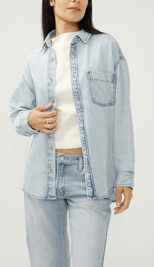 SILVER Relaxed Button-Up Beach Shirt -Moonstone