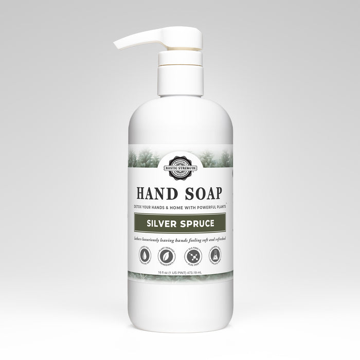 Rustic Strength, Hand Soap, 16oz, White pump bottle, Silver Spruce
