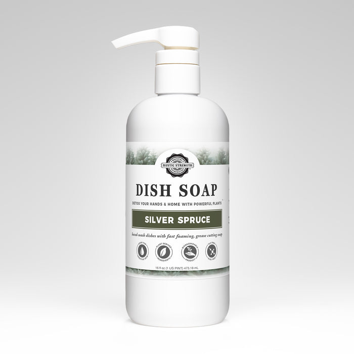 Rustic Strength, Dish Soap, 16oz, white pump bottle, Silver Spruce
