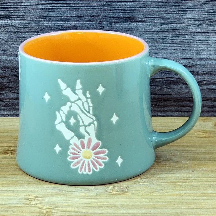 Skeleton Hand OK Sign Coffee Mug Halloween Orange Ceramic Tea Cup Blue Sky 18oz