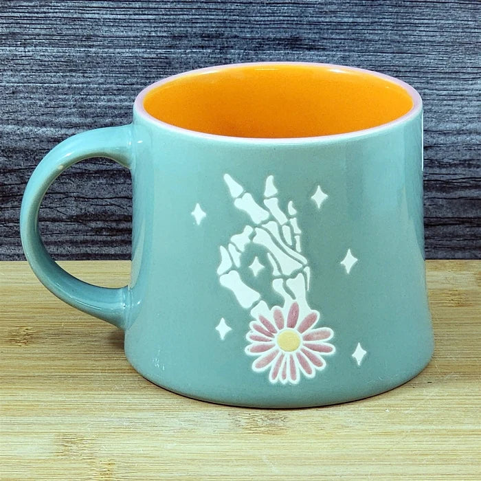 Skeleton Hand OK Sign Coffee Mug Halloween Orange Ceramic Tea Cup Blue Sky 18oz