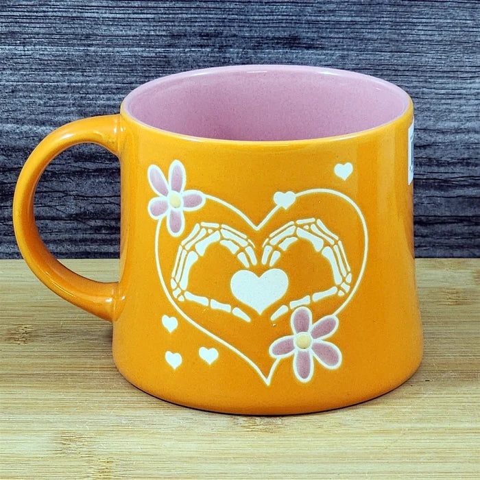 Skeleton Hands Heart Coffee Mug Halloween Orange Ceramic Cup by Blue Sky 18oz