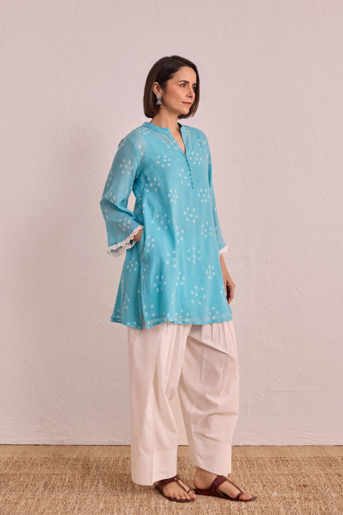Sky Blue Bandhej Printed Kurta & White Farsi Salwar Co - ord Set - Tara - C - Tara