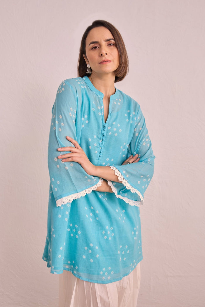Sky Blue Bandhej Printed Kurta & White Farsi Salwar Co - ord Set - Tara - C - Tara