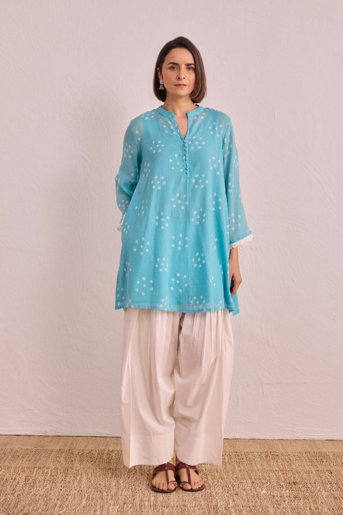 Sky Blue Bandhej Printed Kurta & White Farsi Salwar Co - ord Set - Tara - C - Tara