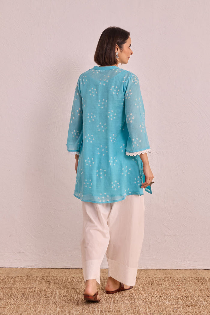 Sky Blue Bandhej Printed Kurta & White Farsi Salwar Co-ord Set