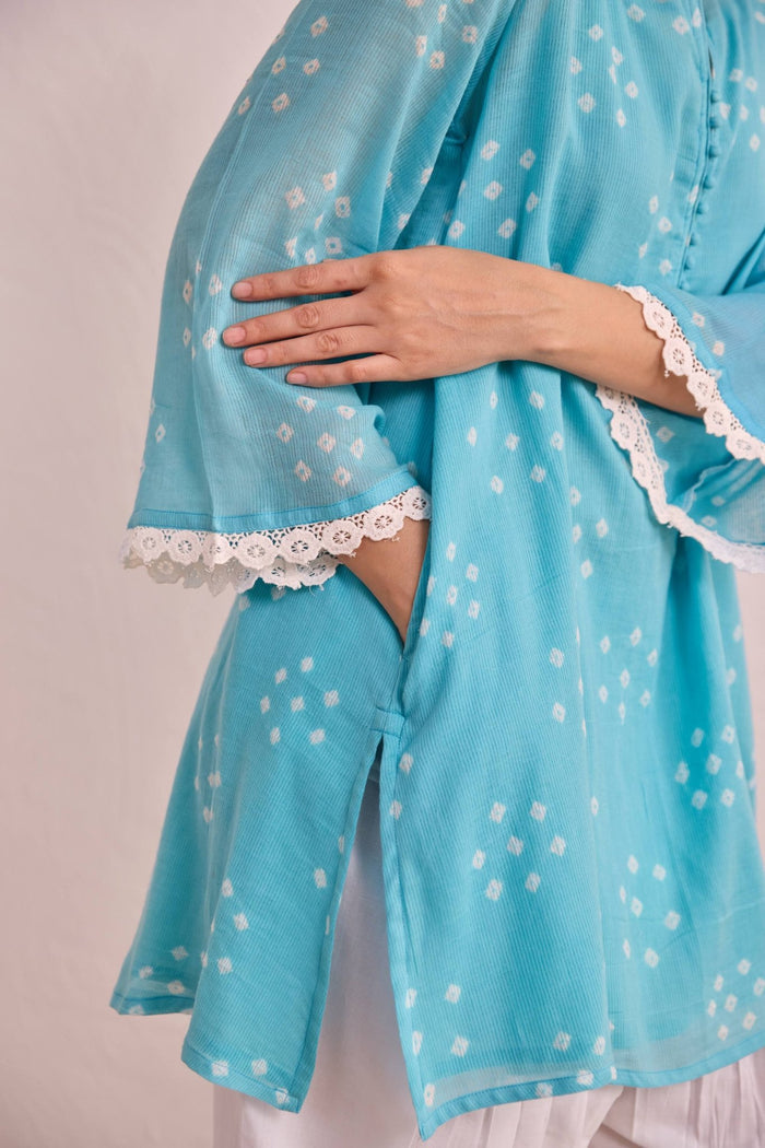 Sky Blue Bandhej Printed Kurta & White Farsi Salwar Co - ord Set - Tara - C - Tara