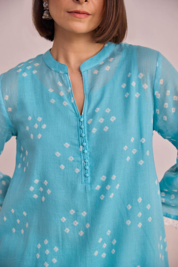 Sky Blue Bandhej Printed Kurta & White Farsi Salwar Co - ord Set - Tara - C - Tara