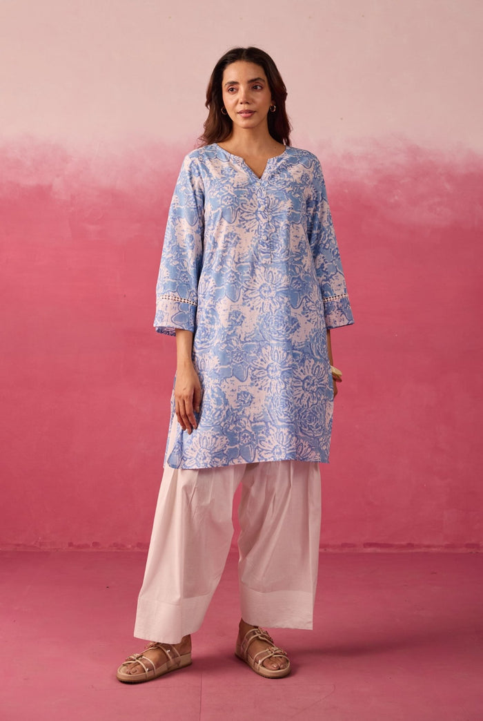 Sky Blue Floral Toile Hand Block Print Kurta & White Farsi Salwar Co - ord Set - Tara - C - Tara