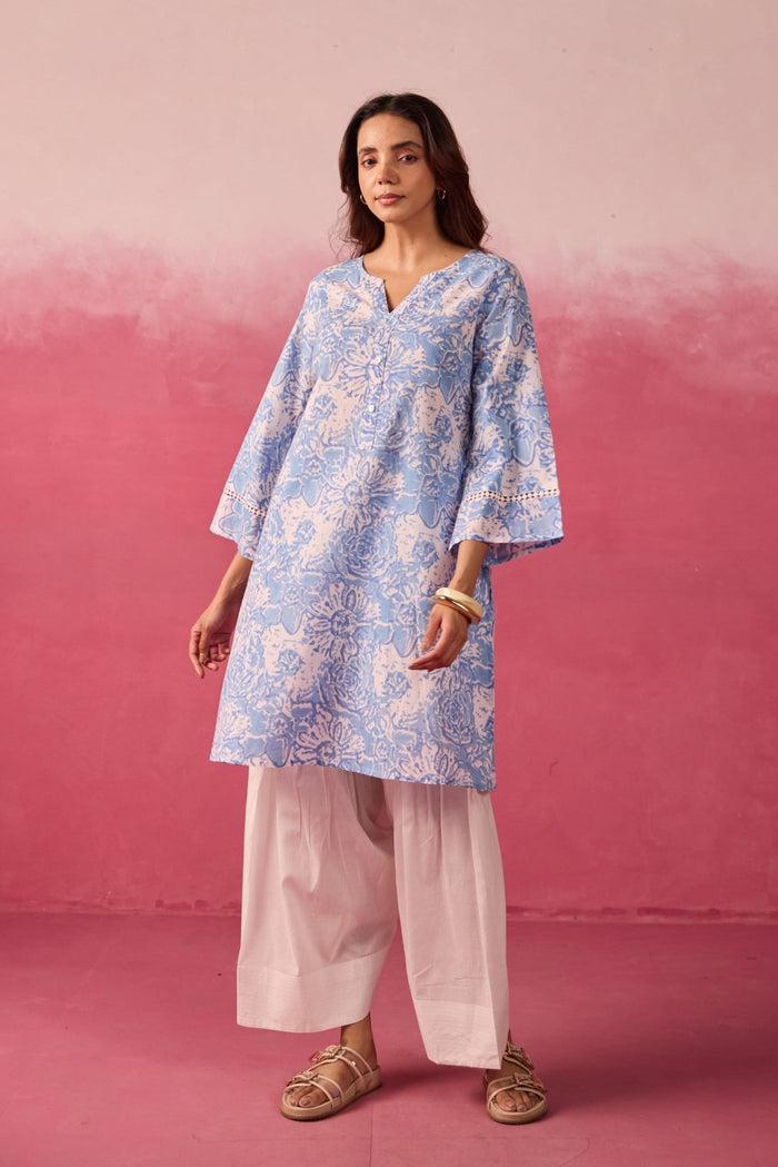 Sky Blue Floral Toile Hand Block Print Kurta & White Farsi Salwar Co - ord Set - Tara - C - Tara