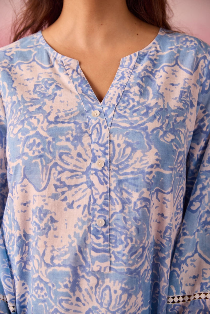Sky Blue Floral Toile Hand Block Print Kurta & White Farsi Salwar Co - ord Set - Tara - C - Tara